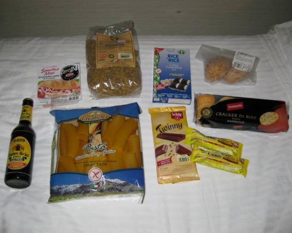 Gluten-free groceries from Rome trip; cannelones, beer, bread, crackers...