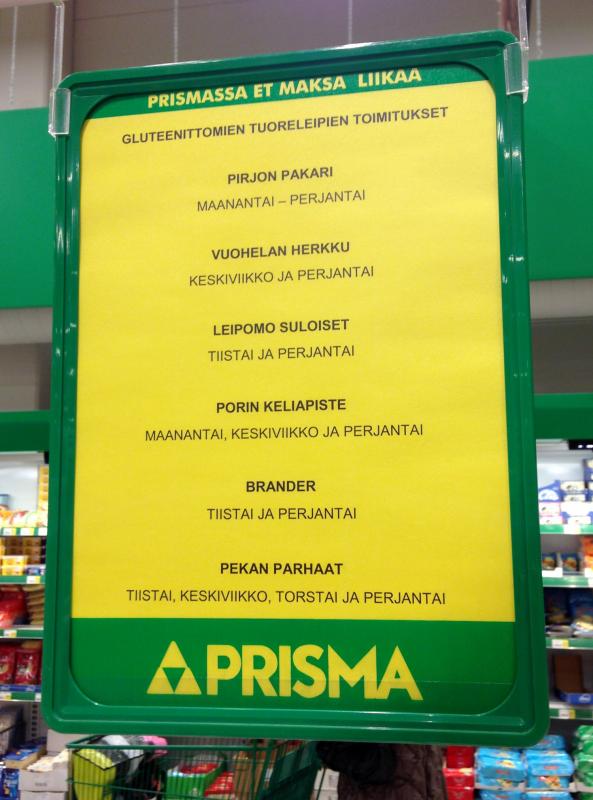 Porin Prisma Mikkola tarjoilee mukavasti gluteenittomia tuoretuotteita useilta eri valmistajilta.