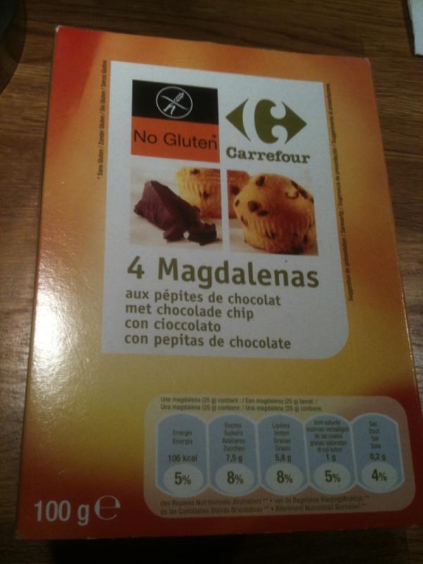 Carrefour No Gluten 4 Magdalenas met chocolade chip, 100 g