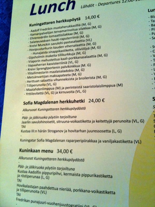 Royal Linen Kuningattaren herkkupyt, Sofia Magdalenan herkkuhetki ja Kuninkaan menu gluteeniton-merkintjen kera.