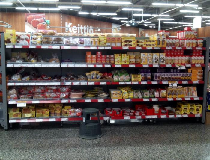 Pieni ptk Citymarket Tammiston gluteenitonta tarjontaa. Gluteenittomia tuotteita on tarjolla yli 20 hyllymetri.