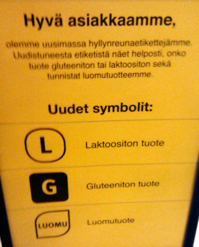 S-ketju on alkanut merkit hintalappuihinsa tiedon tuotteen gluteenittomuudesta, laktoosittomuudesta sek onko kyseess luomutuote. Esimerkillist toimintaa!