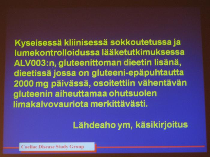 Markku Mäki kertoo: ALV003 on lupaava gluteenin pilkkoja, jota testattiin keliaakikoilla Suomessa. Testit menivät hyvin ja lääkeyhtiö pääsee aloittamaan 500 keliaakikon maailmanlaajuiset testit. Tästä voi olla tulossa jotain - vuosien päästä.