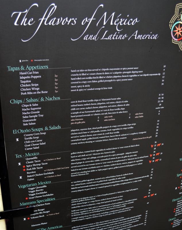 Ravintola Manzanan menu, jossa nelj gluteenitonta vaihtoehtoa @ Krakova, Puola. 1 euro on noin 4 slotia.