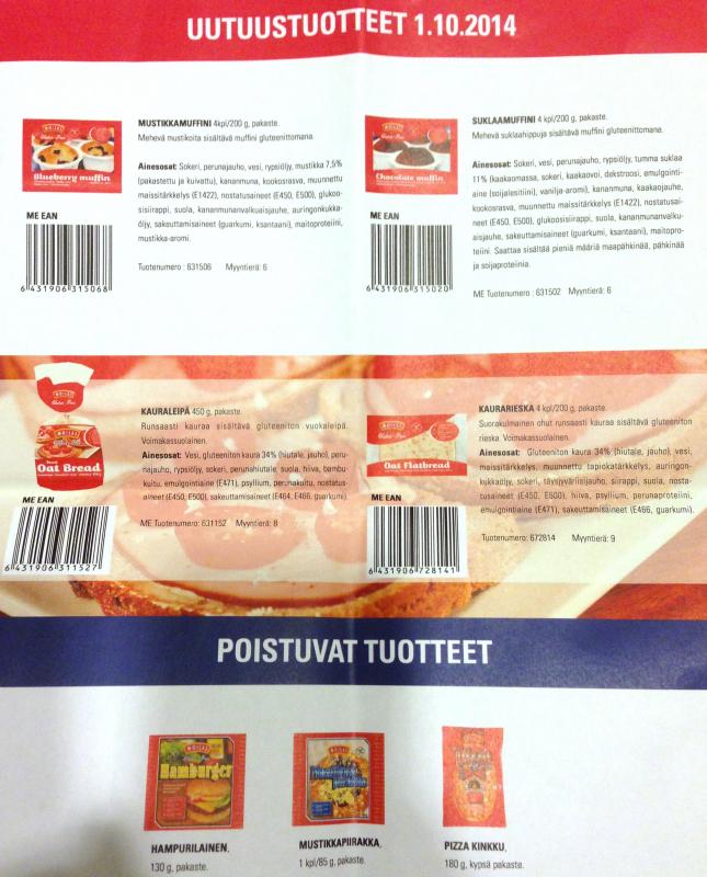 Free From -messuilta oli nemm tarttunut tllainen Moilasen lappu mukaan. Uutuustuotteita ja valikoimasta poistuvia syksyll 2014.