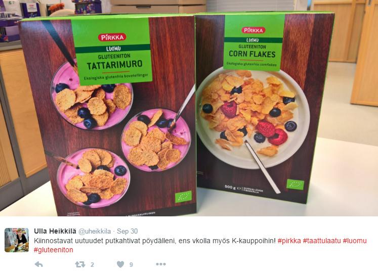 Twitter-bongaus: Pirkka tuoteperheeseen kaksi uutta gluteenitonta luomutuoteta: Pirkka gluteeniton tattarimuro ja Pirkka gluteeniton corn flakes.