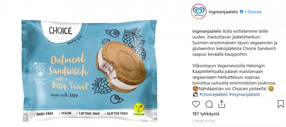 Ingman Choice Sandwich: gluteeniton keksijäätelö. Ingman kertoo Instagramissa uutuudestaan.