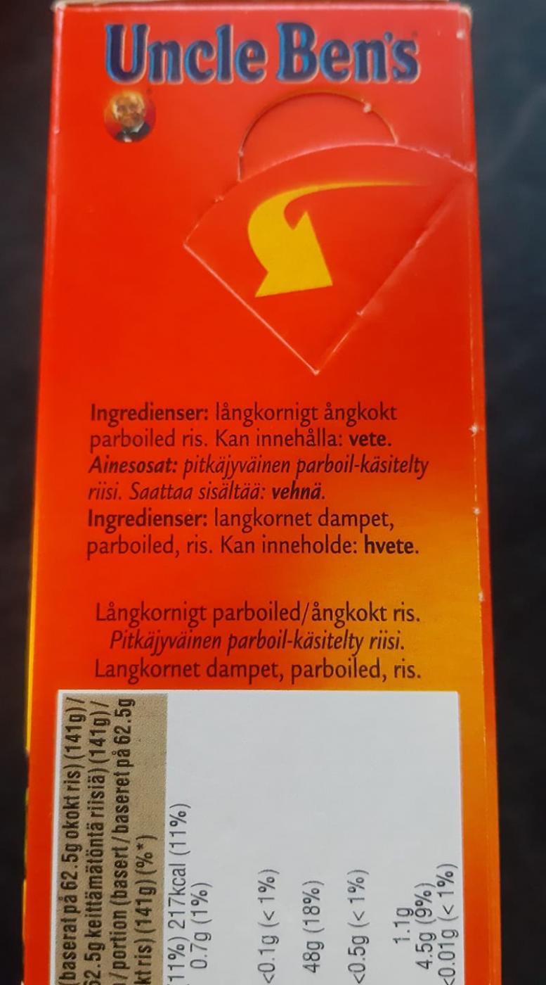Uncle Ben's pitkjyvinen riisi saattaa sislt vehn. Kannattaa siis olla tarkkana mys riisien kanssa.