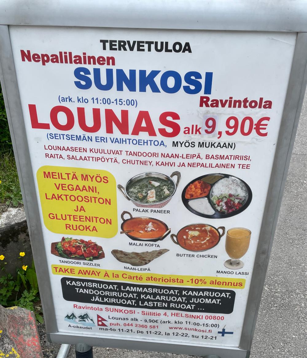 Nepalilainen ravintola Sunkosi Helsingin Herttoniemessä kertoo tarjoavansa myös gluteenittomia vaihtoehtoja.