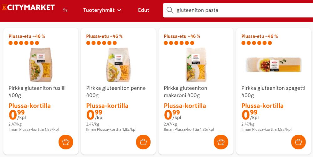 Nyt on kova: Pirkka gluteeniton pasta K-Citymarketeissa plussa-tarjouksessa vain 0.99 e/pussi 24.9.2023 asti. Näin sitä inflaatiota taklataan. Taitaa normaalisti myös katteet olla kohdillaan...