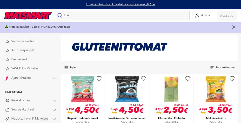 Matsmartin gluteeniton-osion valikoimaa. Edullisia karkkeja ja ciabattaa joulukuussa 2023.
