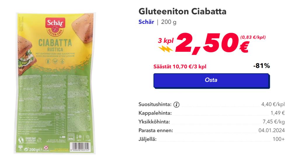 Todella halpaa gluteenitonta Schrin ciabattaa Matsmartilla!