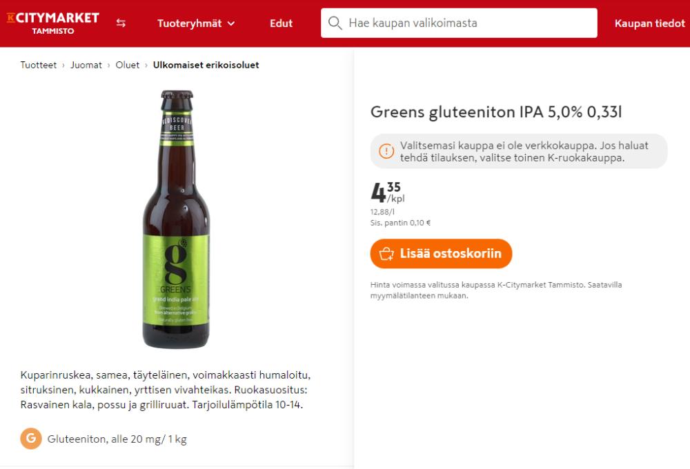 Luontaisesti gluteeniton olut tuntuu olevan katoavaa kansanperinnett. Soittelin Tammiston Cittariin ja kertoivat, ett tm K-Ruoka tieto ei pid paikkansa: ko. tuotteen maahantuonti on lopetettu, eik heill en ole tuotetta tarjolla.