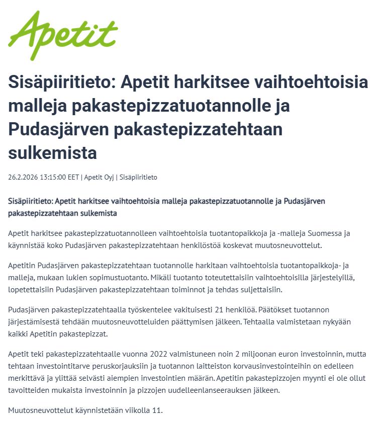 Apetit, aika siirty� valmistamaan gluteenittomia pakastepitsoja? Kuvankaappuas: Apetit.fi