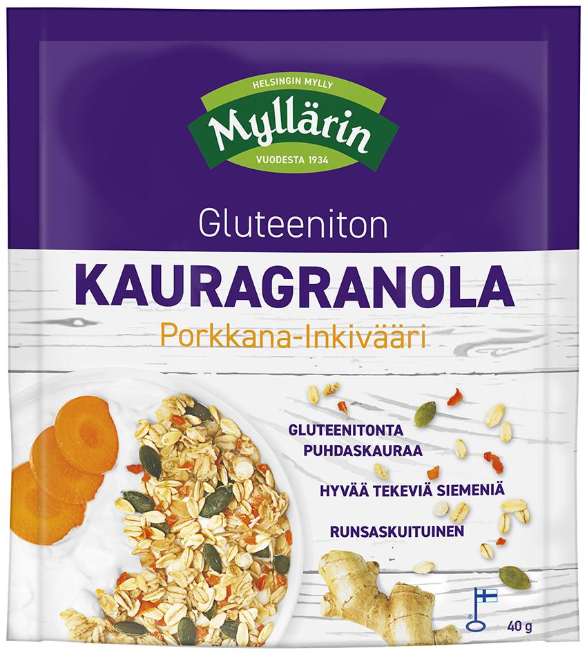 Helsingin Mylly Oy Myllärin Gluteeniton kauragranola porkkana-inkivääri annospussi 40 g
