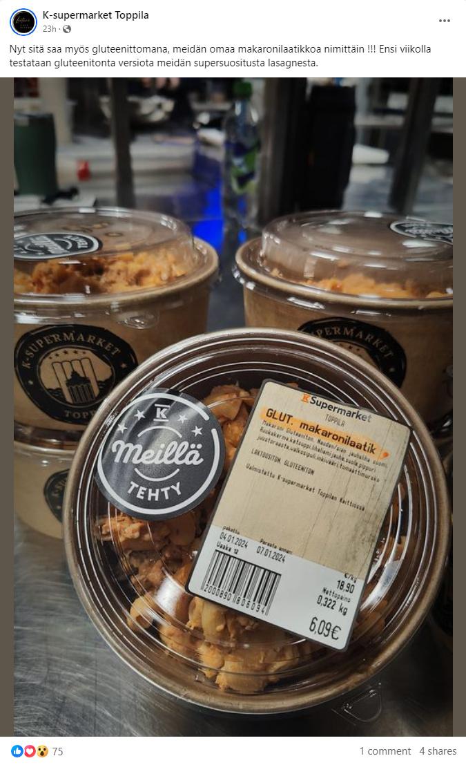K-Supermarket Toppilassa gluteenitonta makaronilaatikkoa ja lasagnea