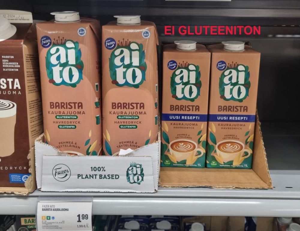Osa Fazerin kaurajuomista ei ole en gluteenittomia